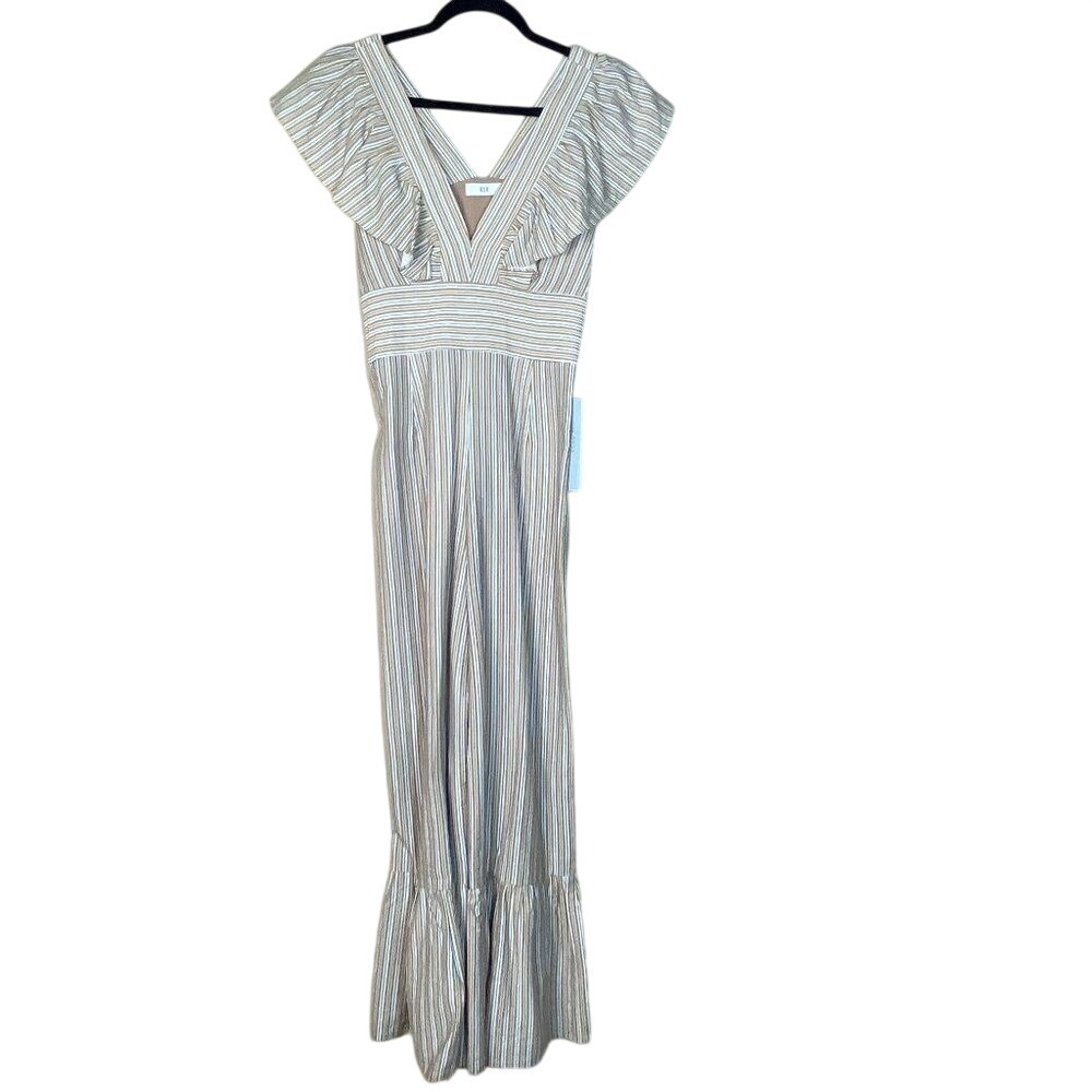NSR Striped Ruffle Sleeve Wide Leg Jumpsuit Tan Blue White V-Neck NWT